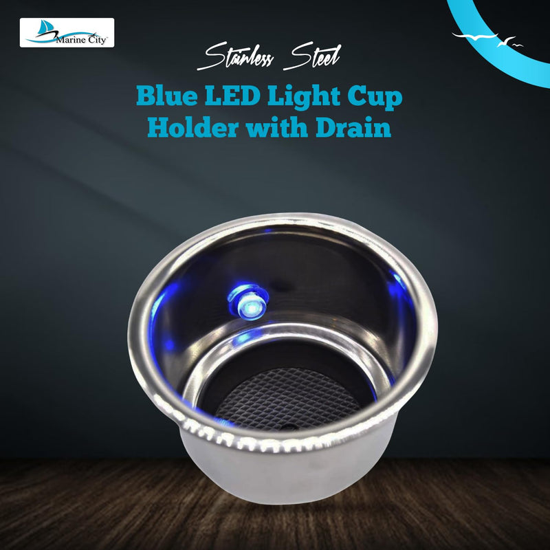 MARINE CITY Blue LED Light Cup Holder with Drain, Stainless Steel, Durable, Corrosion-Resistant, Easy Installation for Boats, Poker Tables, Yachts, Ships (Pack of 1)