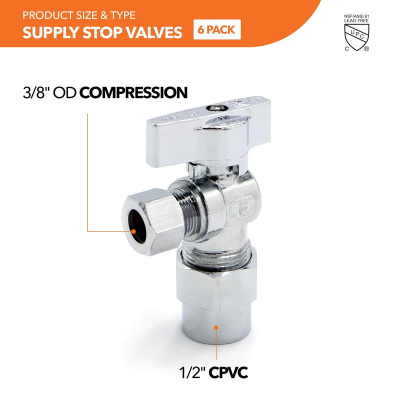 Lead-Free Brass, Quarter-Turn, Angle Supply Stop Valves, 1/2" CPVC x 3/8" OD Compression (6Pack) 1/2"CPVC x 3/8"C (6Pack)