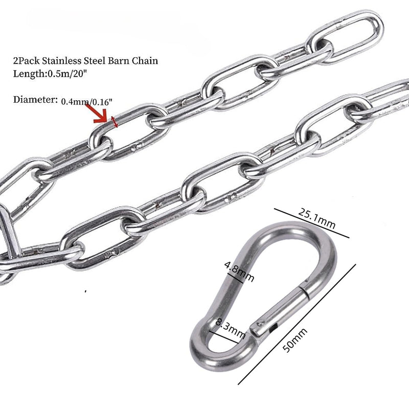 2Pcs Heavy Gate Chain Lock,Stainless Steel Gate Latches Link Lock with 4 Quick Locking Carabiner Clip Hooks for Livestock Horse Goat Cows Stall,Outdoor Fence Gate,20inch