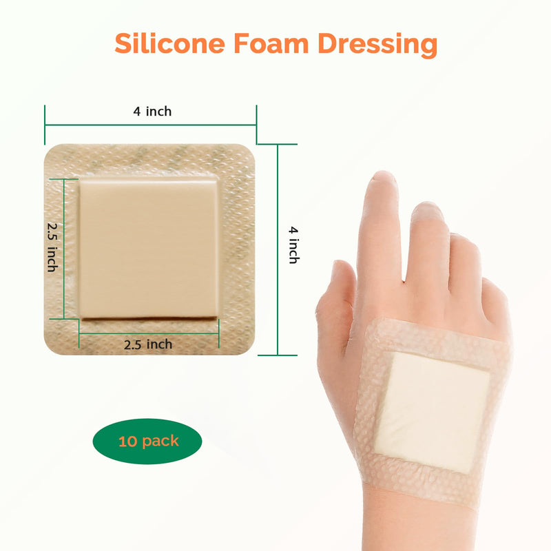 Silicone Foam Dressing 4x4 Inch with Border, 10 Pack Adhesive Large Waterproof Bandages for Wound, High Absorbency Big Foam Pad Bandaids, Medical Grade Wound Dressing 4 x 4 Inch(10pcs)