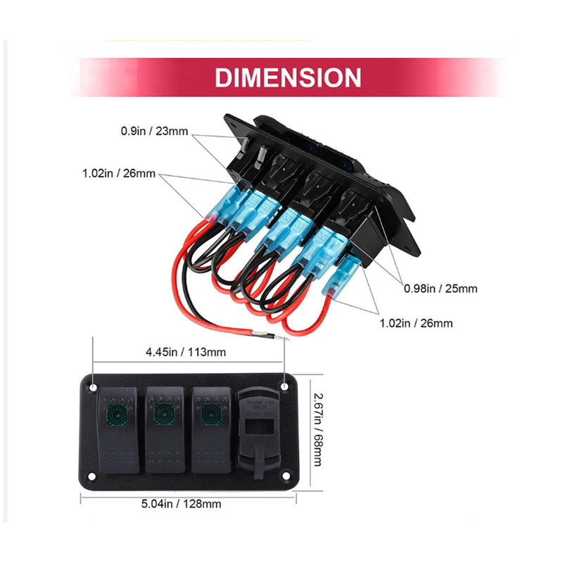 Keenso 12V 24V 3 Gang Rocker Switch Aluminum Panel with Voltmeter Dual USB Fast Charging Multifuntional Switch Panel for Boat Car Truck (Green Light) Green Light
