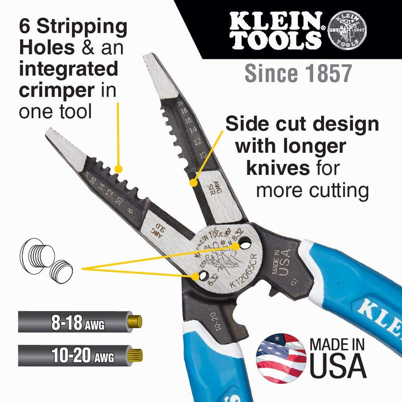 Klein Tools K12065CR Wire Stripper / Cutter / Crimper Tool for Cutting, Stripping, Crimping, Twisting (8-18 AWG solid, 10-20 AWG stranded) Crimping Pliers