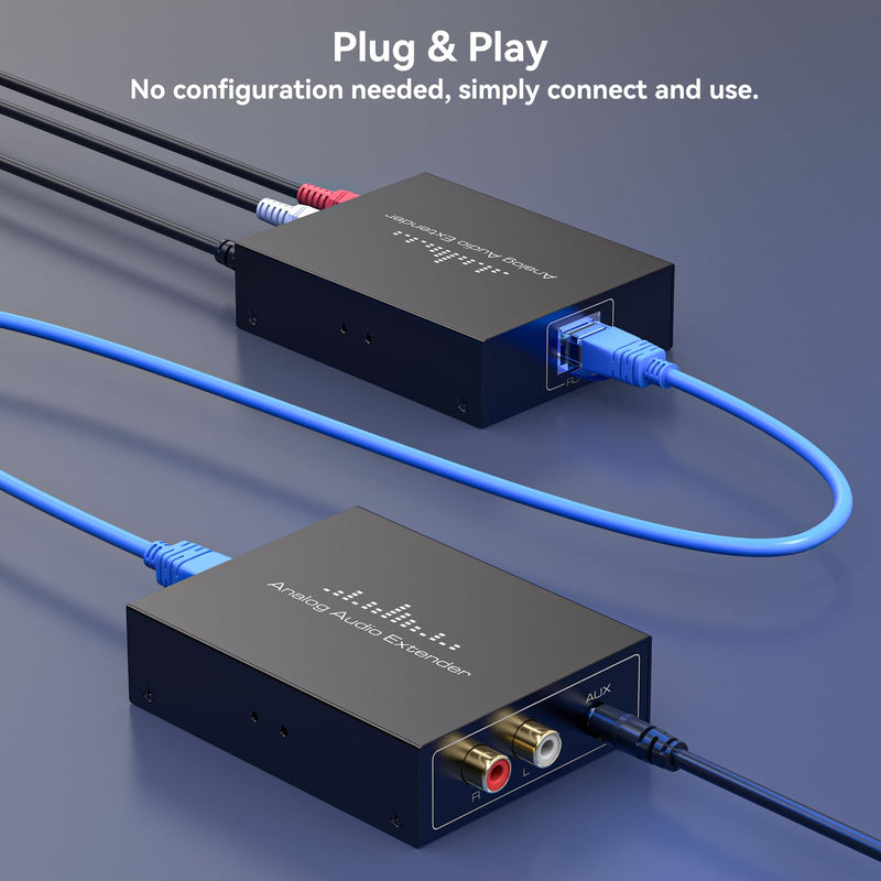 Analog Audio Extender RCA 3.5MM Stereo Over Ethernet LAN Single Cat5e/6 Cable, up to 1640FT/500M No External Power Required for Home Theater Church AMP Long Distance Audio Transmission Black