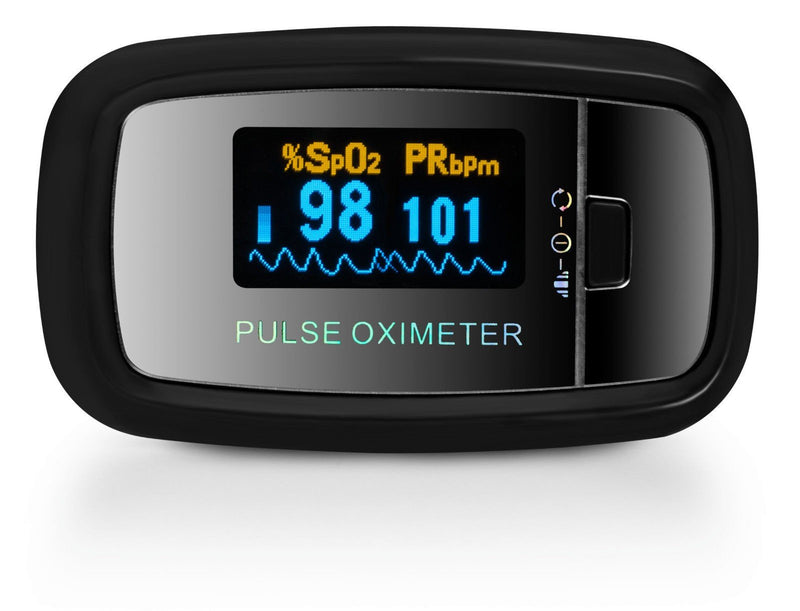 AccuMed CMS-50D1 Fingertip Pulse Oximeter Blood Oxygen Sensor SpO2 for Sports and Aviation. Portable and Lightweight with LED Display, 2 AAA Batteries, Lanyard and Travel Case (Black)