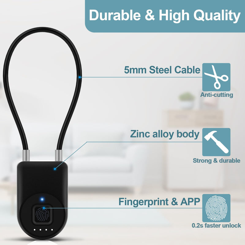 Fingerprint Cable Lock, 3.6'' Long Shackle Fingerprint Lock with Bluetooth APP, Smart Keyless Biometric Waterproof Outdoor Smart Padlock for Gate Fence Locker Cabinet Gym Backyard Black 3.6'' Shackle