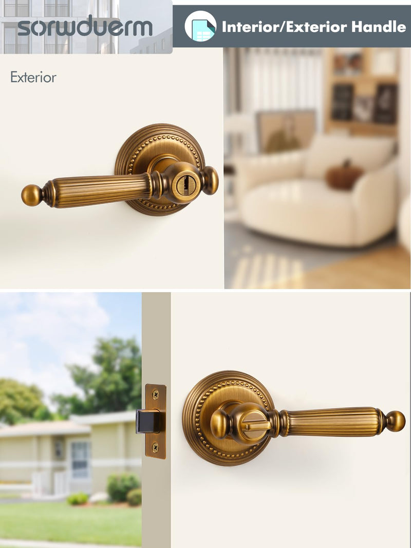 1 Pack Antique Door Lever with Lock and Key Entry Antique Brass Door Handle Door Lever Bedroom and Bathroom Zinc Alloy Entry Lock 1