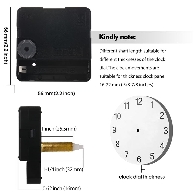 Quartz 32mm (1-1/4 inch) Long Shaft Clock Movement Mechanisms Motor Part Silent with Clock Hands - Perfect for Thick Panels! Upgrade Your DIY Clock Repair Kit Project (32mm Shaft, A+B Hands)