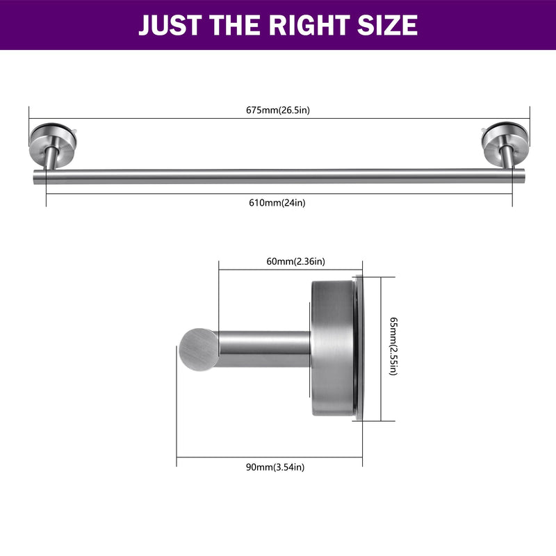 JOMOLA Bathroom Suction Cup Towel Rod, Brushed Stainless Steel Towel Bar No Drilling, Minimalist Design Wall Mounted Hand Towel Holder Rustproof for Smooth Surfaces, 24 inch Silver-24 in