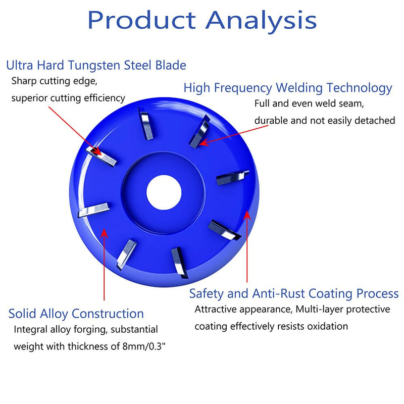 Wood Turbo Carving Disc 8 Teeth for Angle Grinder 4 or 4 1/2" with 5/8" Arbor Upgraded, DIY Wood Carving Tools Cutting Wheel for Fast Shaping(Arc Blade) 8 Teeth Arc Blade Blue
