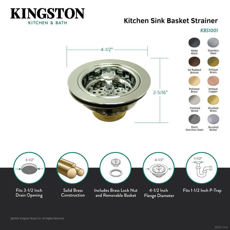Kingston KBS1002 Kitchen Sink Basket Strainer, Polished Brass