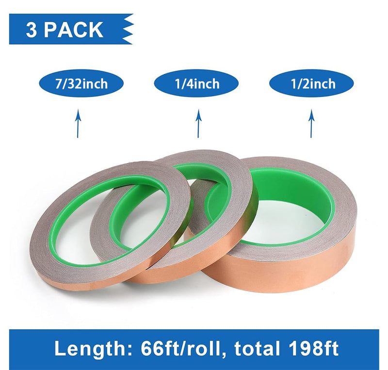 3 Pack Copper Foil Tape, 3 Size Double-Sided Conductive Copper Tape for Stained Glass, DIY Handicrafts, Crafting, Guitar