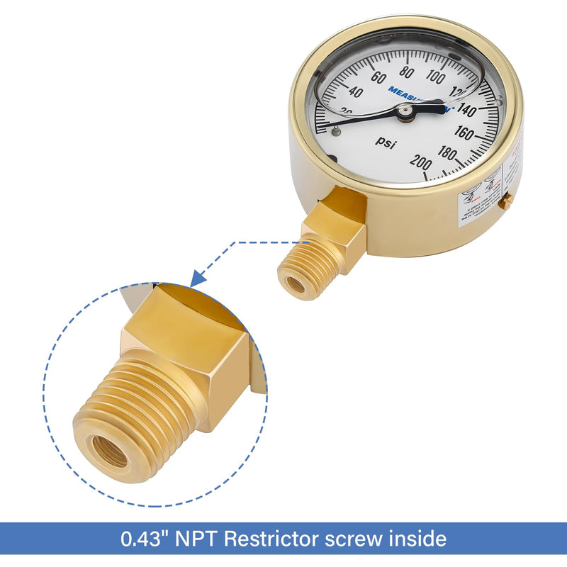 MEASUREMAN Fully Brass Hydraulic Glycerin-Filled Pressure Gauge, 2-1/2” Dial, 1/4” NPT Lower Mount, 0-200 PSI/KPA, for Measuring Non-Corrosive Gas and Liquid Pressure