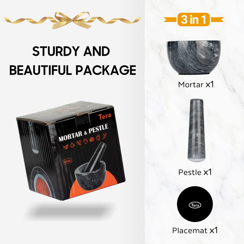 Tera Mortar and Pestle Set Natural Marble Grinder Spice Herb Grinder Pill Crusher Black 3.9in CY0271