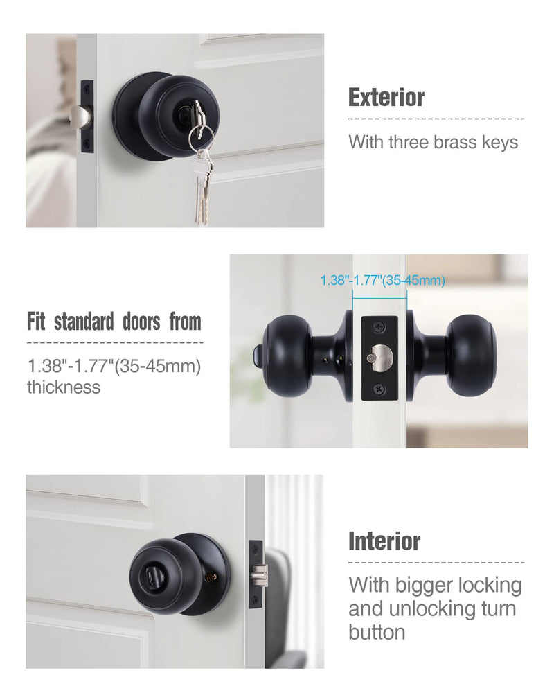 (3 Pack Matte Black Door Knobs Interior Keyed Difference Entry Front Bedroom Doorknobs with Lock Flat Ball Handle Lock Sets 3 Matte Black keyed Difference