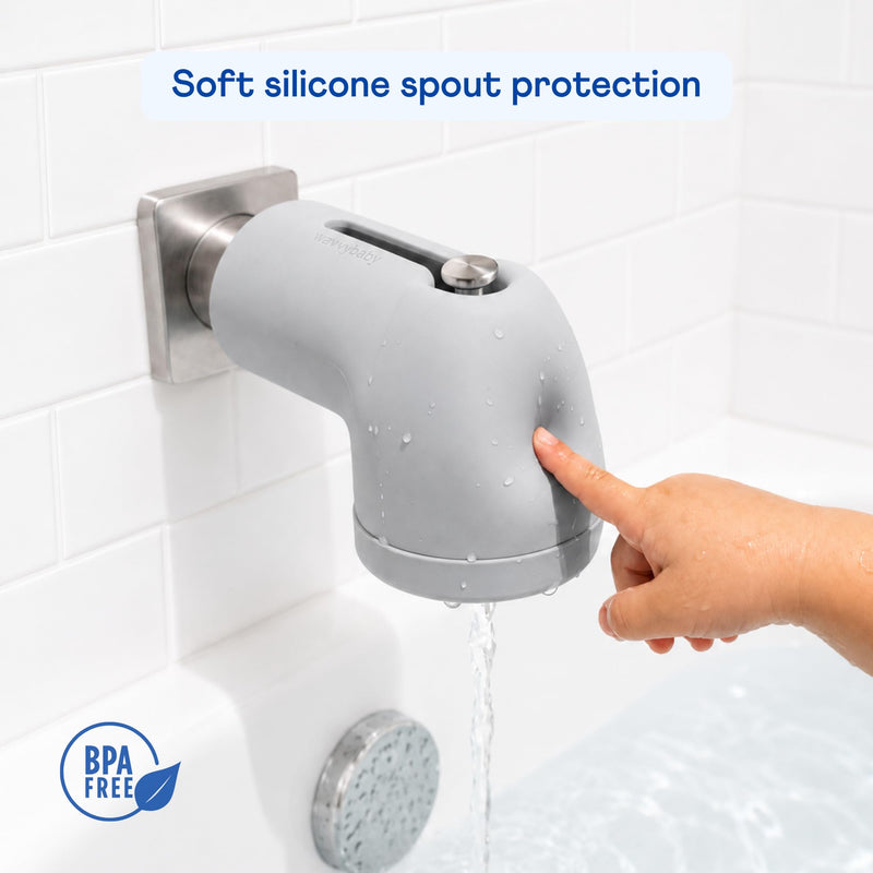 Bathtub Filter & Spout Cover | Reduces Chlorine & Impurities for Baby Skin | Rapid Flow Water Filter | Fits Standard Tub Faucets | Mist Grey