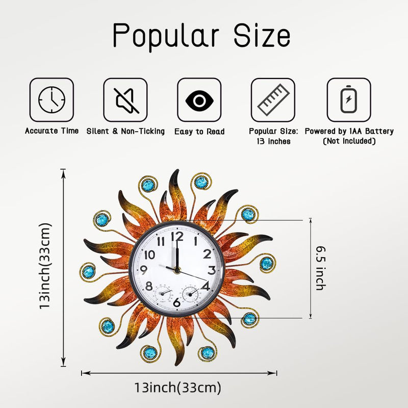 Sun Outdoor Clock with Thermometer and Hygrometer Combo, Silent No-Ticking Outdoor Wall Clock, Waterproof Quartz Clock for Patio, Living Room, Kitchen, Garden, 13 Inch Orange-sun