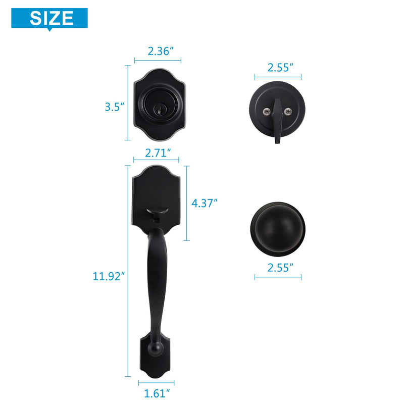 Natsukage Front Door Handle and Lock Set - Matte Black Entrance Handle With Deadbolt and Knob - Heavy-Duty Adjustable Entry Lock - Reversible for Right & Left Handed Traditional (Arc shape+Knob Handle)