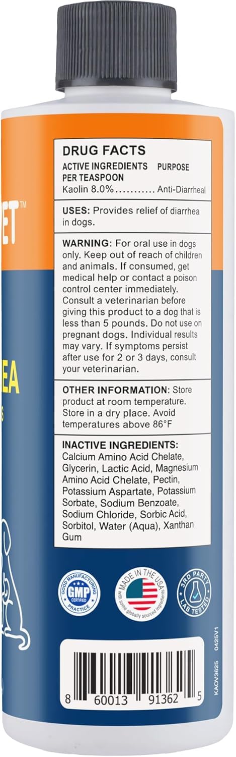 Dog Anti Diarrhea Liquid for Dogs & Puppies, 8 fl oz (236 mL) – Fast Acting Diarrhea Relief with 8% Kaolin, Upset Stomach, Firms Stool & Soothes Intestinal Discomfort