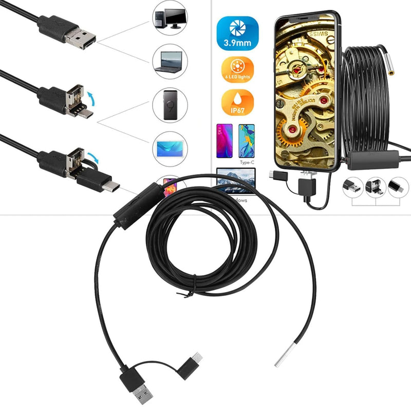 CleerView 3.9mm HD USB-C Endoscope for Android, 1280P Waterproof Borescope Camera with 6 LED Lights, 3.5M/11.5ft Flexible Cable for Pipe Inspection, Automotive, HVAC DIY 3.5 meters soft cord