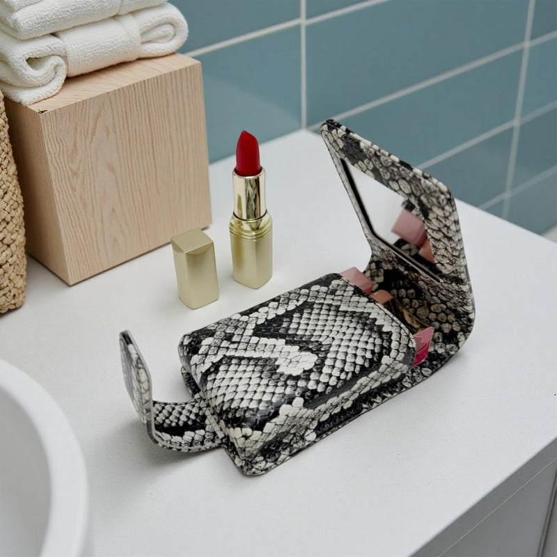 AgentMoon Luxury Handheld Lipstick Pouch with Mirror,Genuine Leather Lip Balm Case with Clamshell Magnetic Hidden Clasp,Exquisite Travel Makeup Lipstick Case. (Snake Skin Pattern) 10 - Snake Skin Pattern