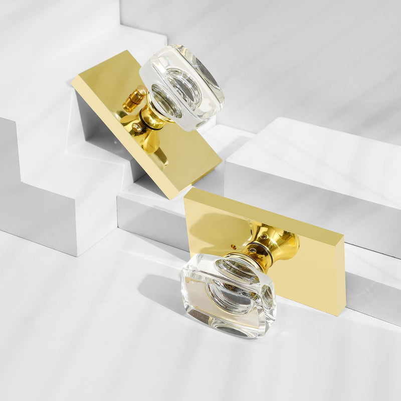 Gold Glass Crystal Door Knobs Interior with Lock, Modern Crystal Glass Privacy Door Knobs for Bedroom and Bathroom, Polished Brass
