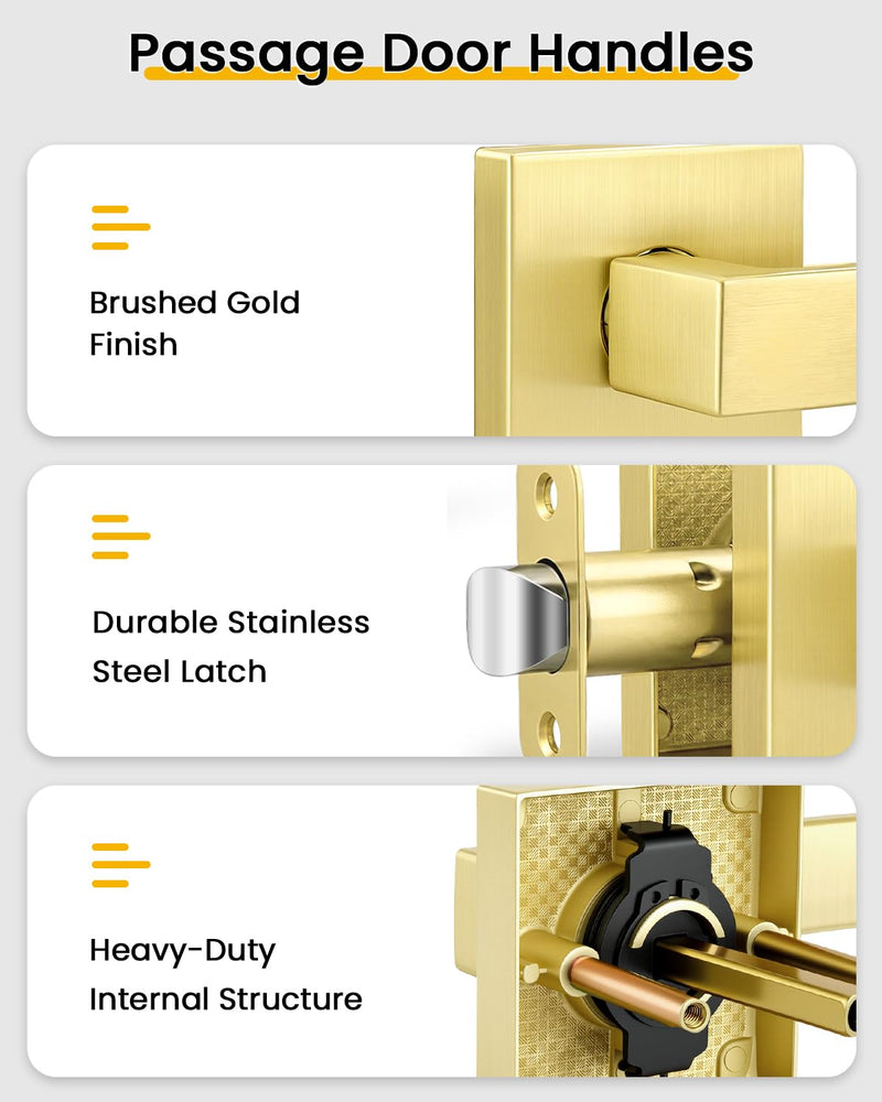 Goldenwarm Brushed Gold Passage Door Handles 1 Pack, Modern Zinc Alloy Interior Door Levers Keyless Non-Locking Passage Handleset for Hallway and Closet, Reversible Heavy Duty Lever Door Hardware