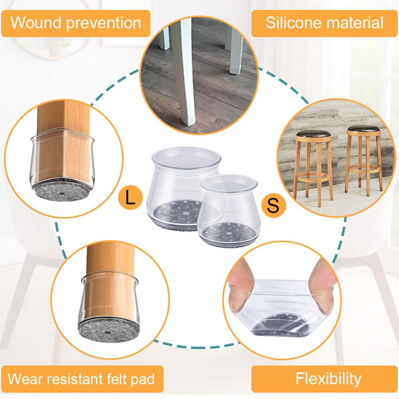 32 Pcs Chair Leg Protectors for Hardwood Floors, Silicone Felt Furniture Leg Cover Pad for Protecting Floors from Scratches and Noise, Smooth Moving for Chair Feet(Large fit : 1.3'' - 2'') Universal Large Clear-32pcs