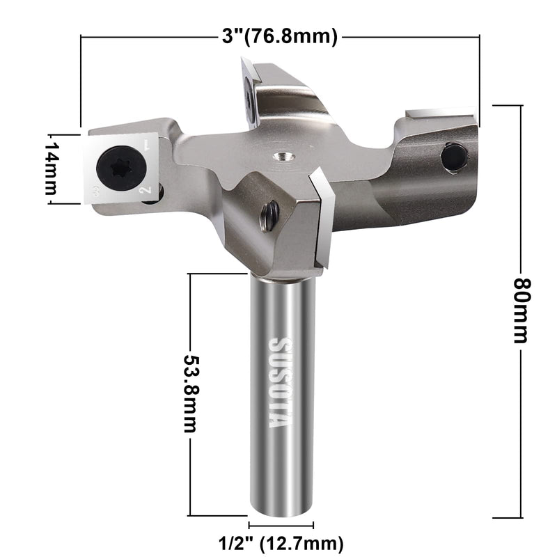 CNC Spoilboard Surfacing Slab Flattening Router Bit, 4 Wing 3 inch Cutting Diameter, 1/2 inch Shank, Pro-Series Woodworking Milling Cutter Tool