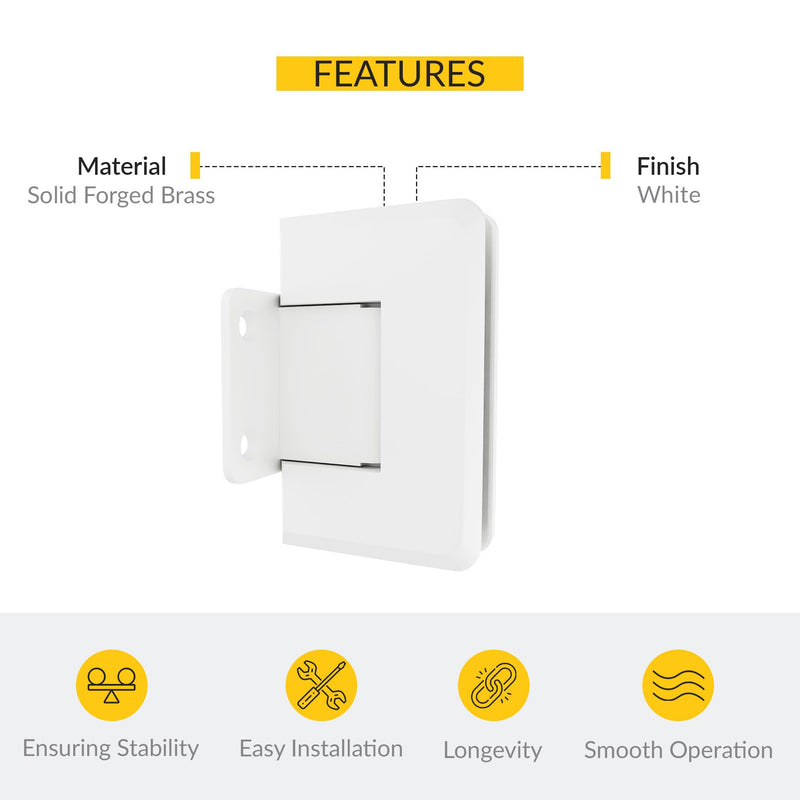 Brixwell Glass to Wall Mount Shower Door Hinge, Solid Forged Brass, White, with Short Back Plate, 3/8" and 1/2" Glass Thickness, 3-9/16" Height, Frameless Shower Hardware