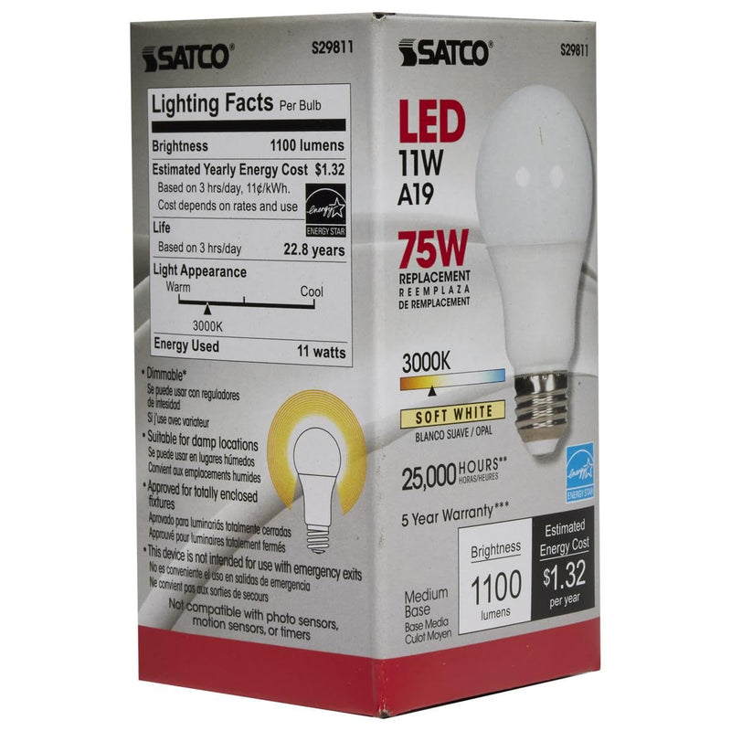 Satco S29811 11 Watt A19 LED Dimmable Frosted Light Bulbs - 3000K Soft White - E26 Medium Base - 1100 Lumens - 220 Degree Beam Angle - 120 Volts - Damp Location (6 Pack)