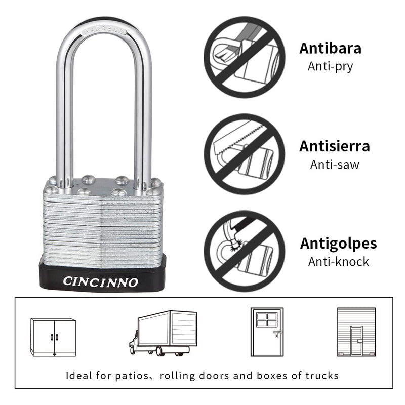 Laminated Steel Padlock with Key，6 Pack Keyed Alike Padlocks with Long Shackle 6 Pack