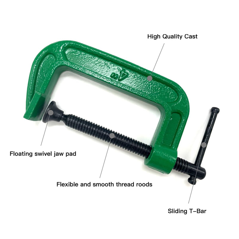 4 Inch C-Clamp Set, Heavy Duty Steel C Clamp Industrial Strength C Clamps for Woodworking, Welding, and Building (2Pcs, Green) (2pcs, Green)