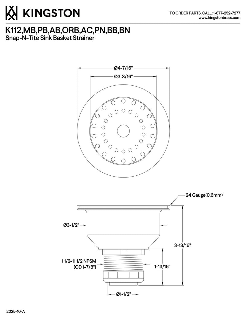Kingston Brass K112MB Tacoma Kitchen Sink Basket Strainer, Matte Black 4.44 x 4.44 x 3.81