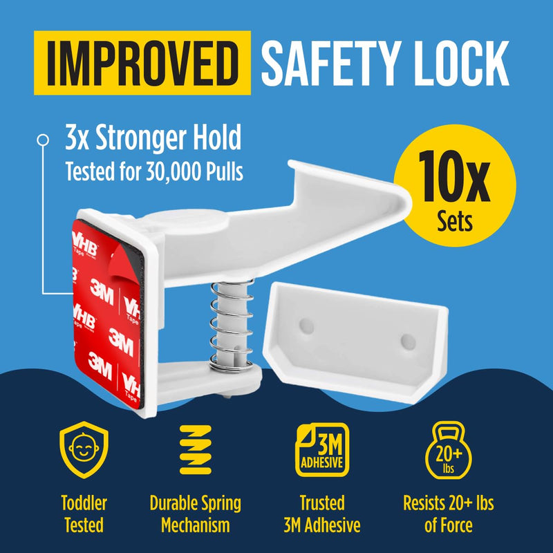 Cabinet Locks for Babies - Child Safety Latches 10 Pack - Invisible Adhesive Baby Proofing Drawer Locks - Works with Most Cabinets and Drawers - No Drilling Installation - (White) White