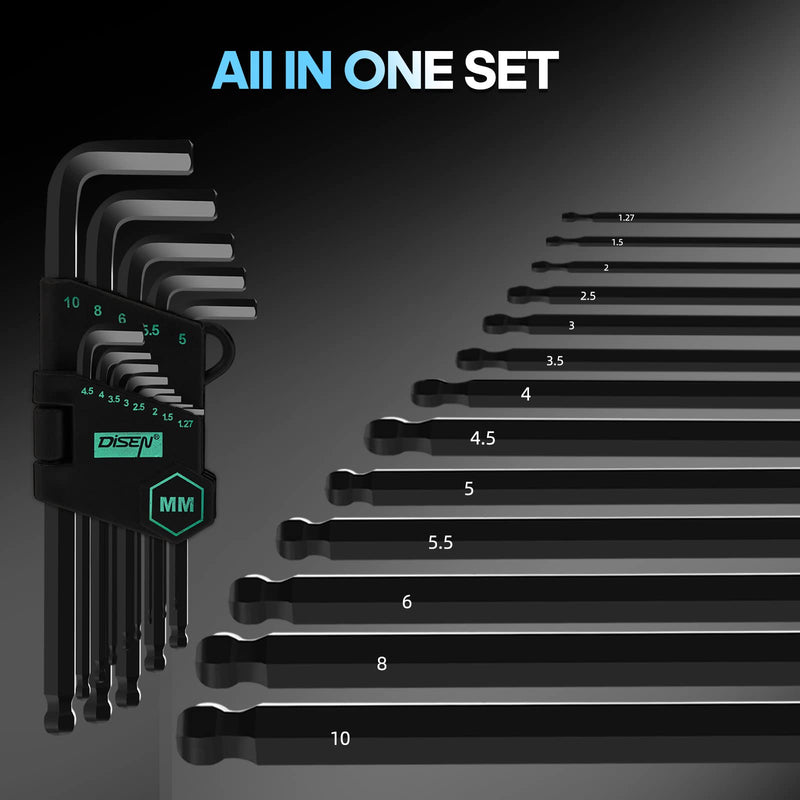 DISEN 13 Pieces Hex Key Allen Wrench Set Metric Size with Ball End, 1.27-10 MM, Long Arm Ball Design, Chrome Vanadium Steel 13PCS Metric