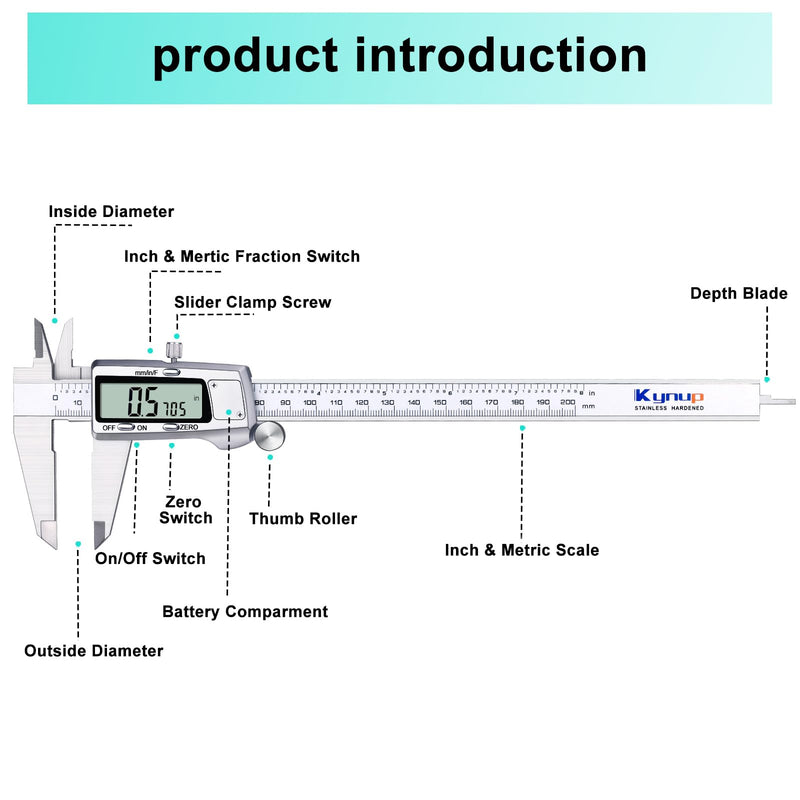 Kynup Digital Caliper 8 inch, Caliper Measuring Tool, Joint Calipers, Vernier Caliper, Stainless Steel, Full Turn Off, Switch from Inch Metric Fraction, Micrometer Digital for Household, DIY(200MM) KY-21S-3