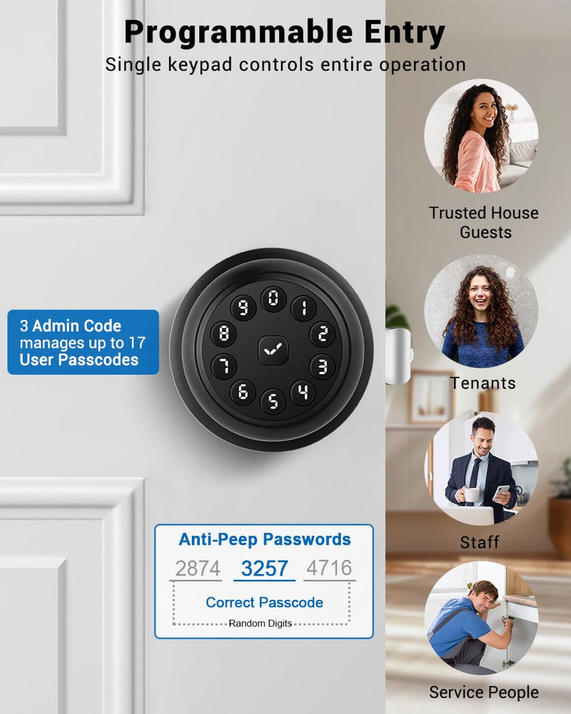 Keypad Smart Door Knob Lock, Keyless Entry Door Lock with Handle - Auto Lock for Front Door - Electrionic Code Door Lock for Bedrooms, Home Office, Garage, Apartment - Easy Installation Matte Black