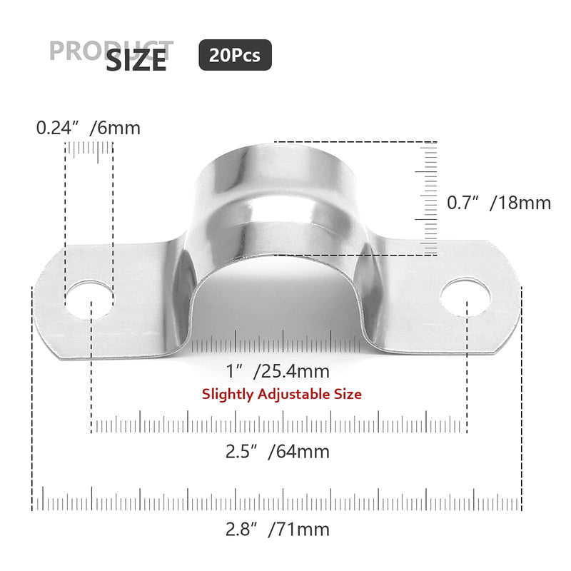 20Pcs 1 Inch Stainless Steel Conduit Clamps, Two Hole Strap U Bracket Rigid Pipe Strap Metal U Clamp Conduit Strap Tension Clips U-tube Clamp Heavy Duty 1" / 25mm