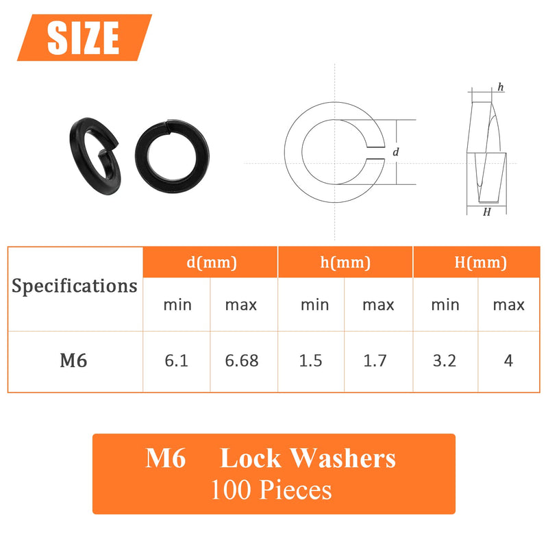 100 Pieces 8.8 Grade Alloy Steel M6 Split Lock Washers, Spring Lock Washers for Screws Bolts, Black M6 (100 PCS)
