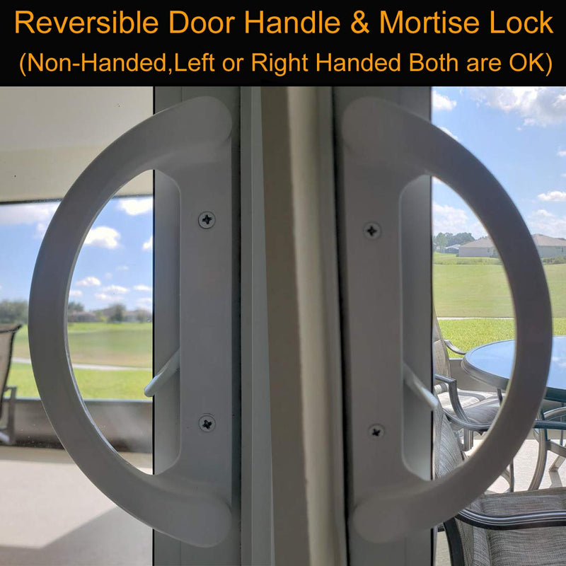 Patio Door Handle Set + Mortise Lock 45° Perfect Replacement for Sliding Glass Door Fits 3-15/16” Screw Hole Spacing, Non-keyed with Latch Locks,White Diecast,Reversible Design(Non-Handed) White