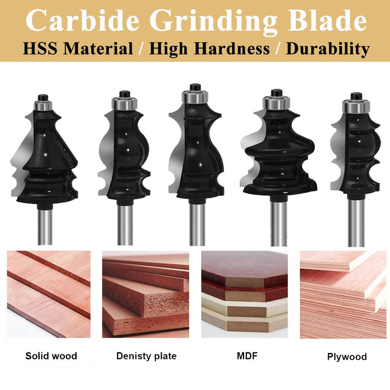 TAIWAIN Router Bit Set 1/4 Inch Shank 5PCS, Architectural Picture Frame Wood Milling Cutter,Rail &Stile Woodworking Miter Carbide CNC Cutting Tool for Cabinet Drawer Door Surfacing(GK1-G) GK1-G