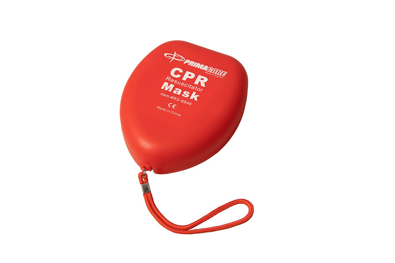 PrimaCare RS-6845 Single Valve CPR Rescue Mask in Red Hard Case, Adult/Child Pocket Resuscitator with Elastic Strap, Air Cushioned Edge, 6.5" x 4.8" x 1.6", Red, Clear 1 Count (Pack of 1)