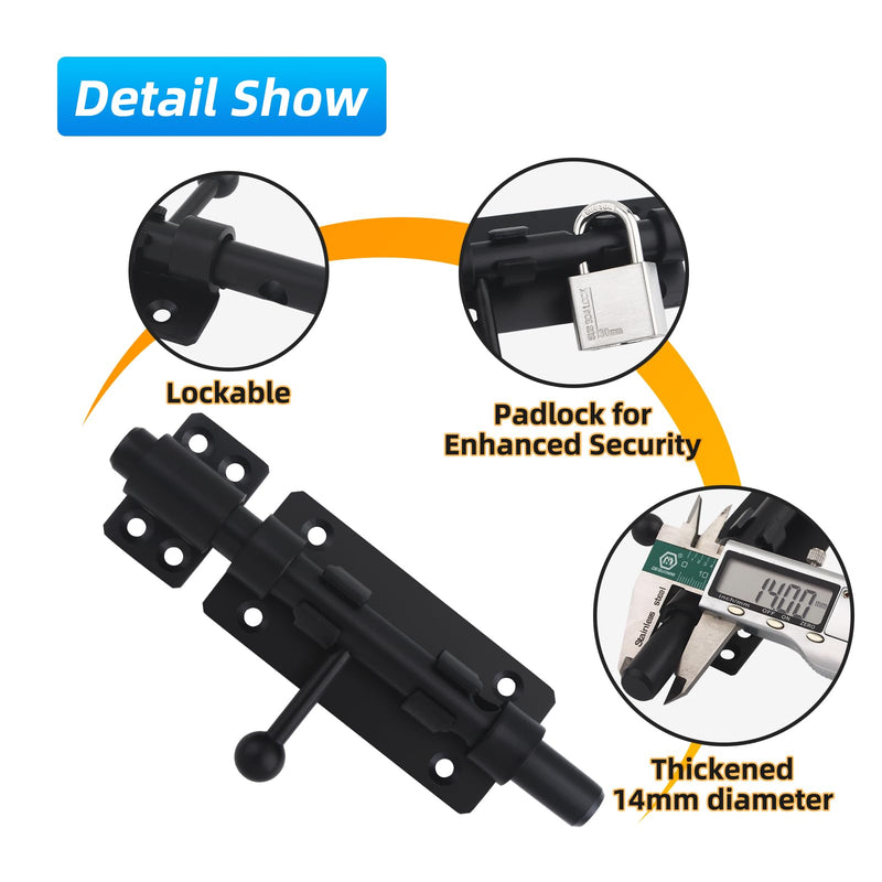 Barrel Bolt Latch, 6.3" Heavy Duty Gate Latch Slide Lock Solid 304 Stainless Steel Bolt Lock for Inside Door, Finished Shed Door Latch (2 Pack, Black) Black 6inch 2