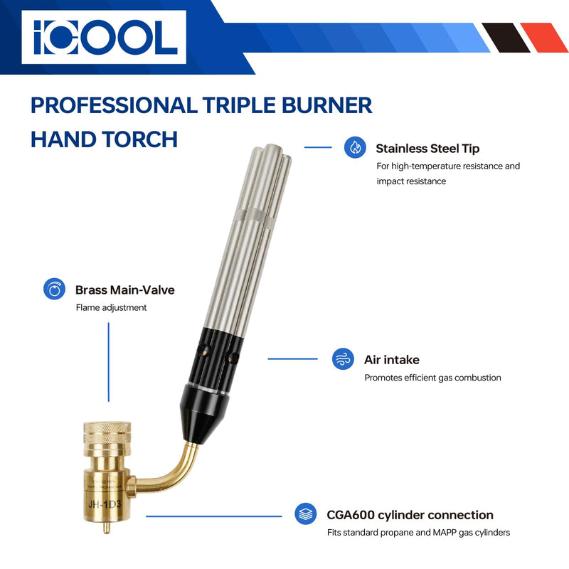 ICOOL Triple Flame Hand Torch, Maximum Temperature 3600℉, Propane MAPP Gas Torch for Welding Brazing Plumbing HVAC