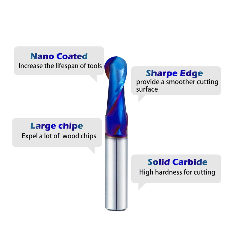 CNC Router Bits 1/2 inch Shank Carbide Ball Nose End Mill with Nano Blue Coating for Side Milling End Milling, Finish Machining (1, 1/2" S*1/2" D*1-1/4"CL*3" OVL) 1/2"S*1/2"D*1-1/4"CL*3"OVL