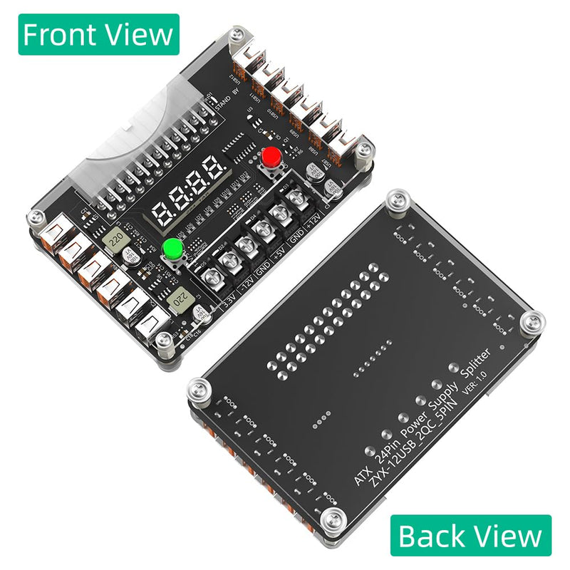Mustpoint New Version ATX Power Supply Breakout Board and Acrylic Case Kit with 3.3V, 5V, 12V,-12V Output Voltage and 12 Ports USB, 3A Maximum Output (Side-Insertion)