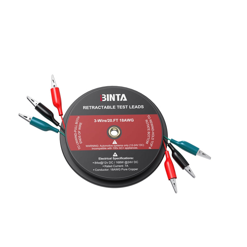 BINTA 3 Wire 20 Ft Retractable Test Leads, Red/Black/Blue Alligator Clip Test Leads, 18 AWG Gauge Wire for Electrical Testing, Cars, Trailers