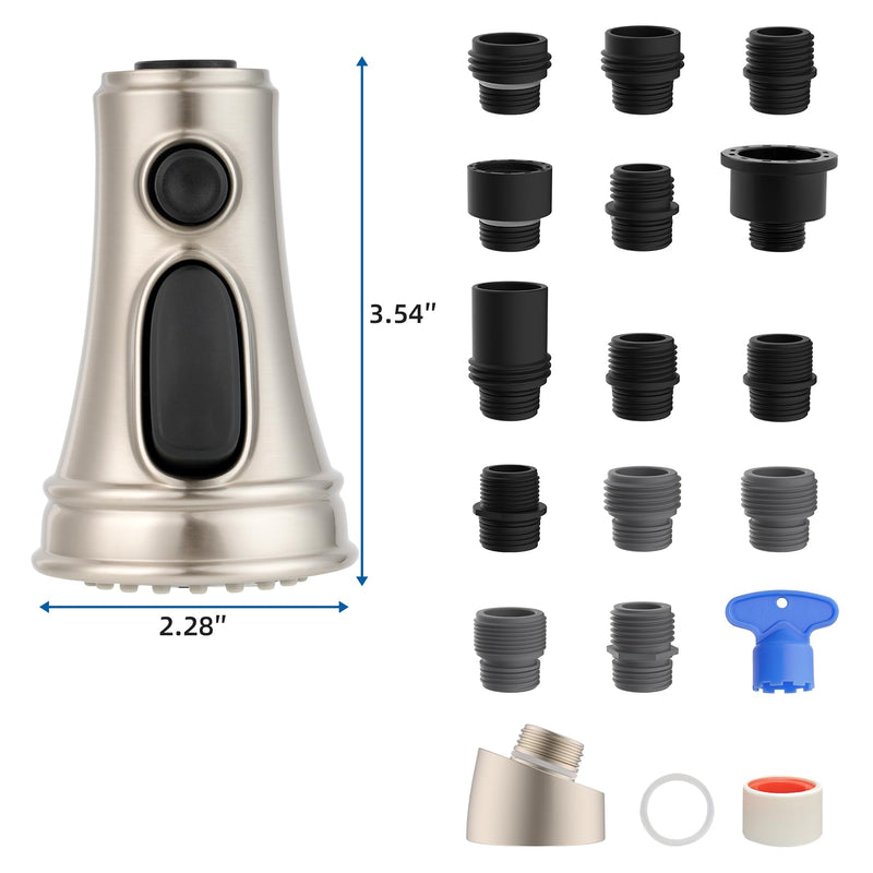 Hibbent Kitchen Faucet Head Replacement with Pull Down Spray Head, 3 Function Faucet Sprayer Nozzle - 15 Adapters Compatible with Moen, American Standard, Delta, Kohler - Brushed Nickel Stay on spray with hold button(common)