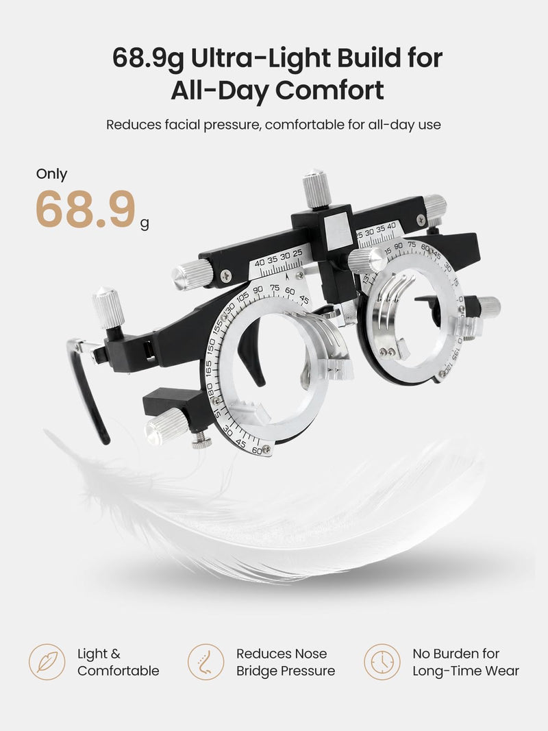 Trial Lens Frame Classic Black & Silver 73g Fully Adjustable Optical Trial Frame for Vision Testing with 48-80mm PD & 360° Lens Rotation