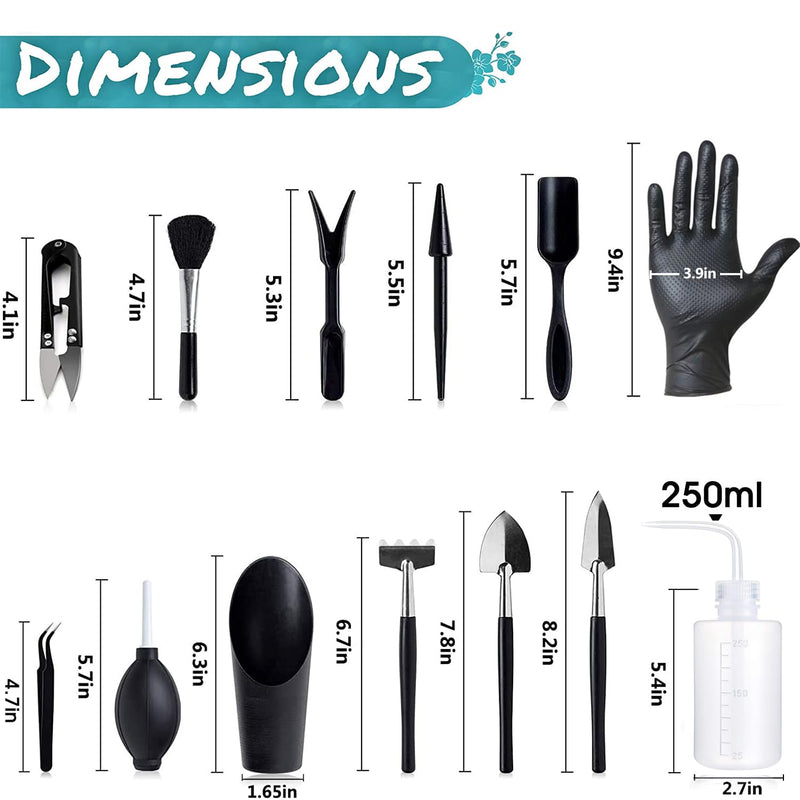 Melphoe 25Pcs Mini Garden Hand Transplanting Succulent Tools Set, 39.4" Thickened Repotting Mat & Plant Tag, Miniature Planting Indoor Fairy Care, Potting, Cactus, Houseplant Bonsai Tool Kit (Black) Black